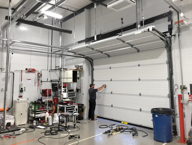 Waterbury Garage Door Repair certified technician performing commercial door repair at a Waterbury business facility