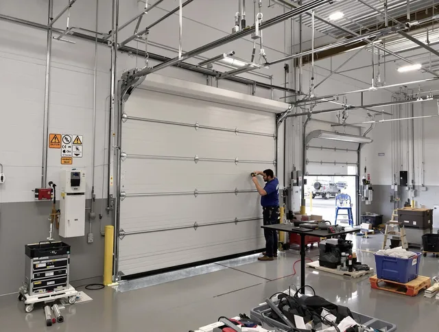 Commercial garage door repair being performed by Waterbury Garage Door Repair expert in Waterbury