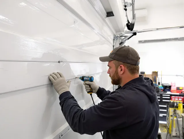 Waterbury Garage Door Repair technician demonstrating precision dent removal techniques on a Waterbury garage door