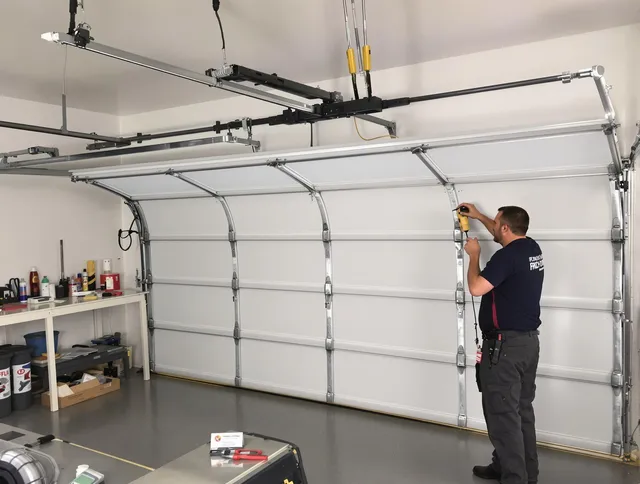 Waterbury Garage Door Repair certified technician performing overhead door system repair in Waterbury