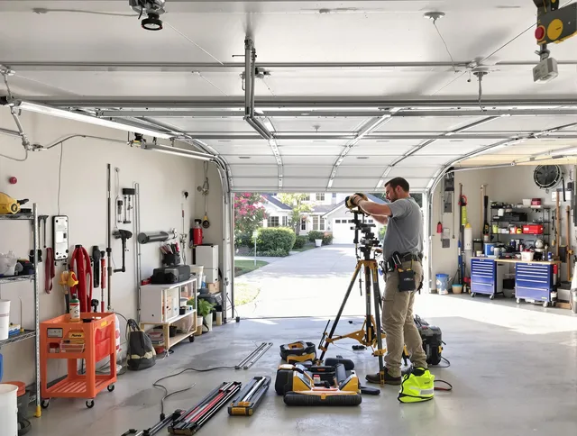 Waterbury Garage Door Repair specialist performing laser-guided track alignment in Waterbury